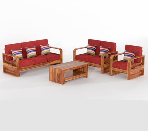 Image of Sheesham Wooden 6 Seater Sofa Set for Living Room | Solid Wood Sofa with Side Pocket Storage & Cushion | Rosewood Sofa for Home & Office | Lounge (Honey with Red Cushion, 6 Seater)