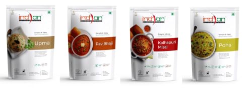 Image of Indian Kitchen Foods Freeze Dried Ready to Eat Food | Instant Vegetarian Meal Jain Breakfast Combo Pack of 4 (Each Packet of Upma, Pav Bhaji, Kolhapuri Misal and Poha)