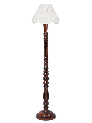 Image of Vintage Off-White Cotton Floor Lamp - 54 inch Height, Wooden Base - Classic Standing Lamp for Living Room, Home & Office Home Lighting Decor