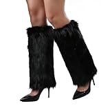WMG Furry Faux Fur Leg Warmers For Women Fur Long Boot Covers Fluffy and Stretchy Leg Warmers For Christmas Cosplay Black (Black)