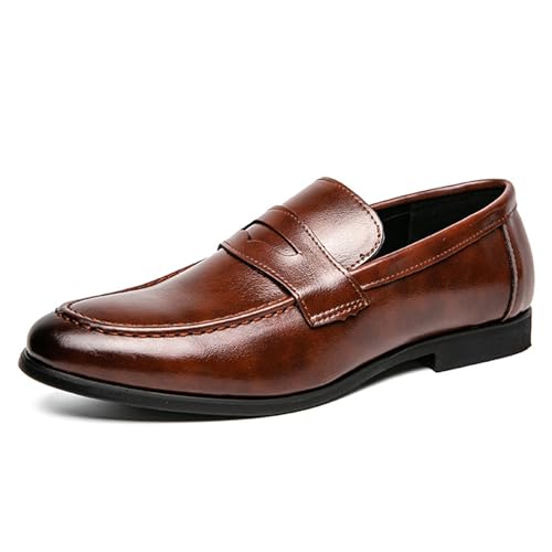 Men's Leather Slip-On Penny Loafers Classic Tassel Round Toe Low Block Heel Business Casual Formal Leather Shoes Comfortable Work Dress Shoes