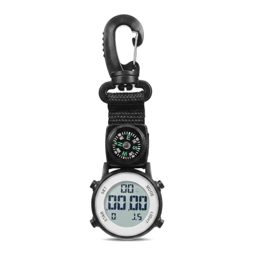 Mikikit Digital Carabiner Clip on Pocket Watch with Backlight and Compass Hanging Backpack Luminous Quartz Fob Watch for Nurse Hiking Climbing Outdoor Sports