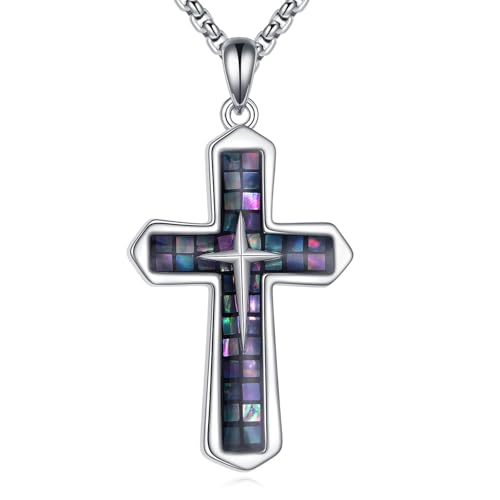 YAFEINI Cross Necklace S925 Sterling Silver Abalone Cross Pendant Necklace Religious Jewelry Christian Gifts for Women Men