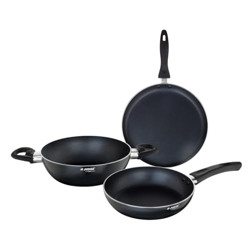 Judge by Prestige Ace Aluminium Non-Stick Cookware Set - Kadai 20 cm, Fry Pan 20 cm, Omni Tawa 25 cm - 1 Unit Each, Black