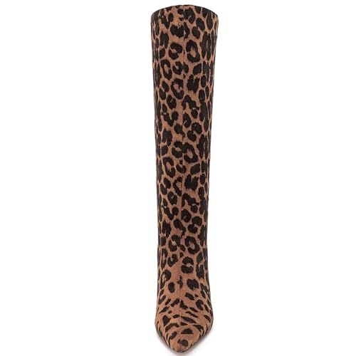 YIYA Women's Leopard Print Kitten Heel Knee High Boots Wide Calf Sexy Pointed Toe Stiletto Mid Heel Dress Party Fashion Long Boots with Side Zipper3