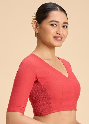 Image of Studio Shringaar Women's Thick Handloom Cotton Plain Side Stretch (Smocked) Readymade Saree Blouse