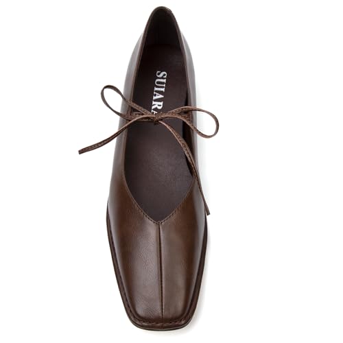 Lace up Ballet Flats Women Square Toe Mary Jane Flats Bow Slip On Leather Comfortable Ballerina Shoes