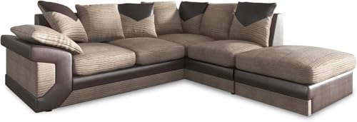 Large Dino Corner Sofa - Fire Resistant L Shaped Sofa - Foam Filled Couch Set With Footstool - Jumbo Cord Leather Fabric Chaise Sofas for Living Room Lounge (beige, Right Hand)