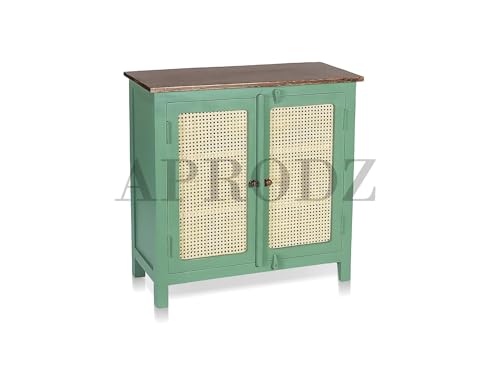 Image of APRODZ 2 Door Cabinet with Wicker Front 2 Shelves | Mango Wood Storage Organizer | Rustic Durable Stylish Wooden Furniture | Compact Design Home Decor (Premium Olive Green)