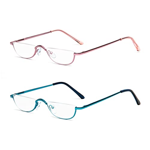 KoKoBin Half Reading Glasses 2 Pack Half Rim Metal Frame Glasses Spring Hinge Readers with Leather Pouch for Men and Women (Blue+Pink 2.50)