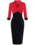 MUXXN Women's Formal V Neck Midi 3/4 Sleeve Vintage Wedding Guest Party Bodycon Sheath Pencil Dress Red-Black XL
