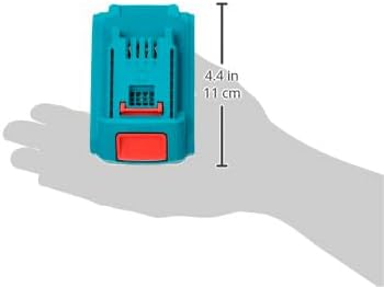 Image of a hand holding the Total Tools 20V 2Ah Battery Pack, with dimensions indicated as 4.4 inches (11 cm) in height.