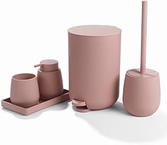 GAHEFY Pink Bathroom Accessories Set with Small Trash Can 3 Liter/0.8 Gallon,Toothbrush Holder,Soap Dispenser,Vanity Tray,Toilet Brush and Holder Pink 5PCS