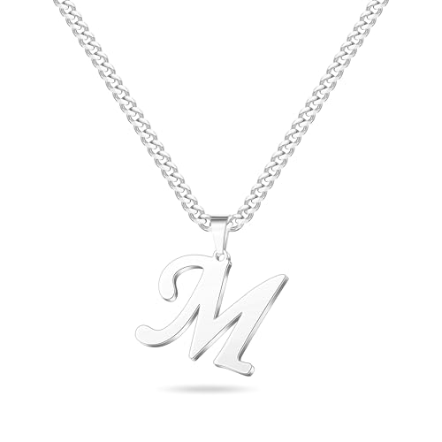 Mens Necklace - Silver Letter M Initial Necklace for Men Women Stainless Steel Letter Pendant Cuban Link Chain Initial Necklaces Graduation Fathers Birthday Gifts for Men Son Dad Husband Boyfriend