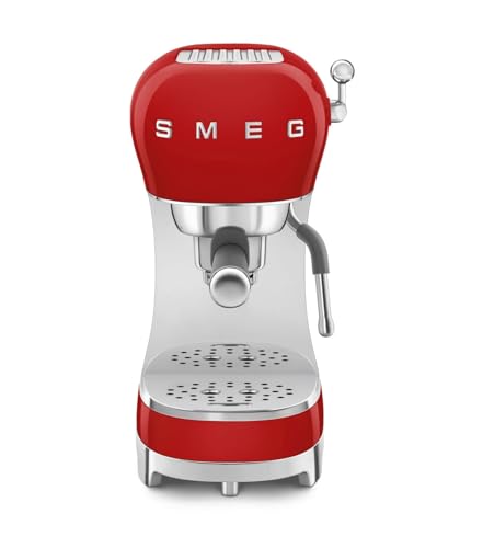 Smeg, Machine à Café Expresso Manuelle ECF02RDEU, Système Thermoblock et Buse Vapeur, 4 Fonctions Expresso, Plateau Amovible, Porte Filtre, Réservoir d'Eau 1 L, Dimensions Compactes, 1350W, Rouge