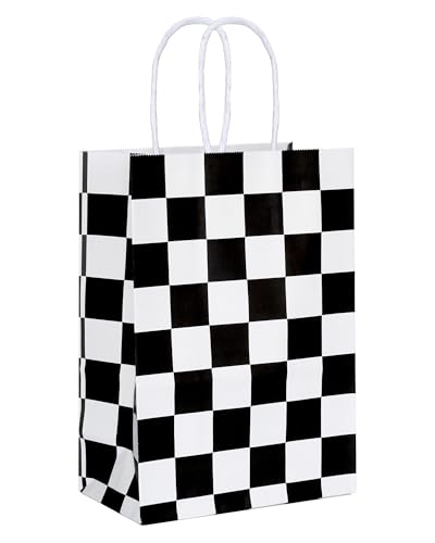Image of ADIDO EVA Black and White Checkered Gift Bags Checkered Racing Treat Bags Race Car Party Favors Bag with Handles 12Pcs (8.2 x 6 x 3.1 In)