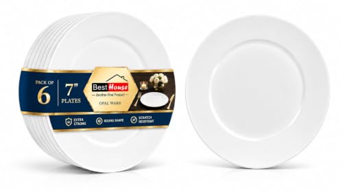 BH | Opalware Dessert Plates 7"/17.8 cm Round White | 6 Pcs | Side Plates for Cake, Snacks, Starters & Desserts – Durable, Microwave, Oven, Dishwasher Safe Tableware for Home & Kitchen - by Best House