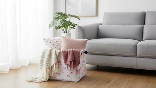 Image of Rectangle Storage Basket with Handles,Waterproof Books Bin,Gift Basket,Room Decor(Pink Bowknot)