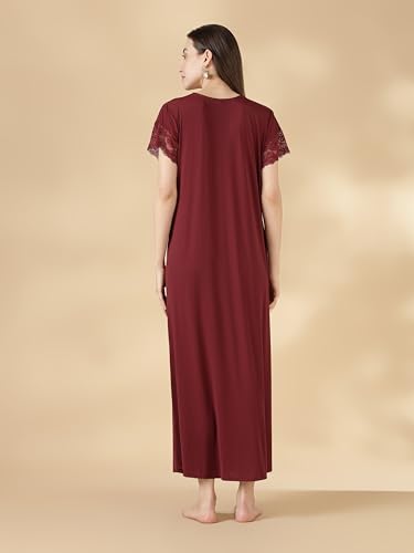 Image of 9shines Label Stylish Soft Modal Maxi Nighty | Honeymoon Nighty | Full Length Trendy Nightgown | V-Neck Lace | Premium Nightdress | Soft Long Nightdress | Maxi Gown Nightwear for Women (Malai Satin)