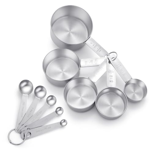 10 Piezas Cucharas Medidoras de Acero Inoxidable - Tazas Medidoras - Medidores de Cocina, Juego de Tazas y Cucharas de Medició, con Líneas y Marcas de Medición, Apilables, para Secos y Líquidos