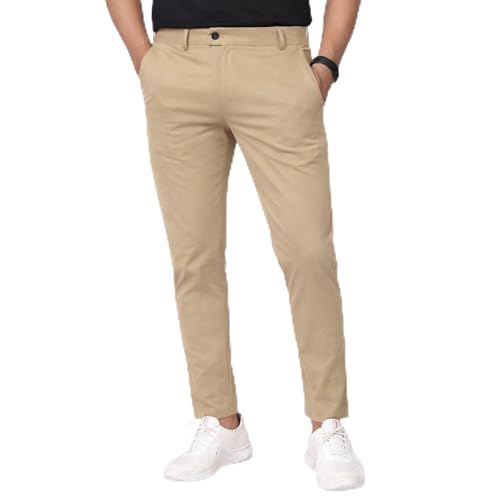 Image of Men's Chinos Stretchable Trousers with Expandable Waist - Lycra Cotton Blend Formal Casual Pants | Skin Friendly Solid Regular Fit