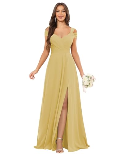 Image of petyoo Off Shoulder Chiffon Bridesmaid Dresses with Slit Long Formal Evening Dress