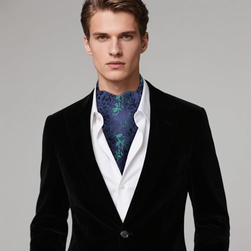 Image of Hi-Tie Silk Ascot for Men Self Tie Men's Cravat and Flower Lapel Pin Handkerchief Cufflinks Set for Wedding Party