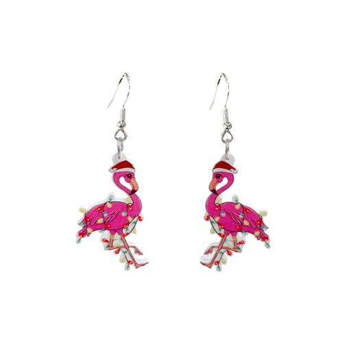 Cute Flamingo Santa's Hat Christmas Dangle Drop Earrings for Women Dainty Lightweight Acrylic Animal Hook Decoration Statement Dangling Hanging Hypoallergenic Party Holiday Gift