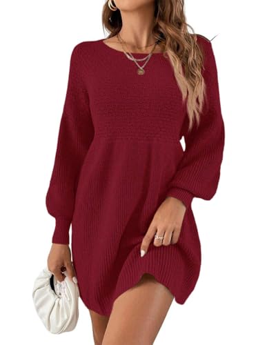 Saodimallsu Damen Rundhals Strickkleid Puffärmel Hoch Tailliert Pulloverkleid Elegant Strickpullover Kleid A-Linie Minikleid Weinrot Groß