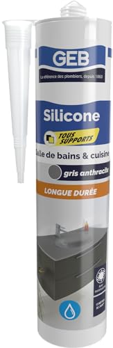 GEB Silicone Sanitaire Tous Supports – Baignoire, Douche, Lavabo, Évier – Anti-Moisissures, Sans Odeur, Longue Durée – Gris anthracite – 280 ml