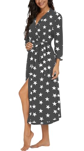 Image of VINTATRE Robes for Women Long Knit Bathrobe XS-4XL | 3 /4 Sleeve Bathrobes with Pockets, Stretchy and Lightweight Fabric, Inner Tie and Fixed Outer Belt, Mid Calf Length