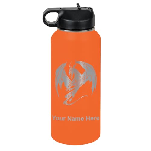 LaserGram Personalized 32oz Water Bottle, Dragon (Orange)