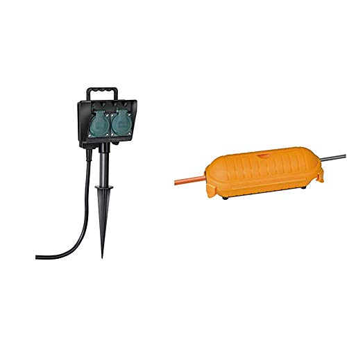 Brennenstuhl Gartensteckdose, Außensteckdose 2-fach mit Erdspieß, witterungsbeständiger Kunststoff + Safe-Box BIG IP44 / Schutzbox für Verlängerungskabel