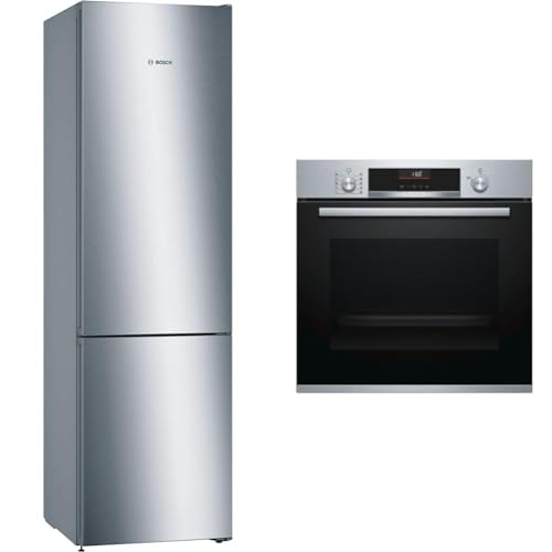 Bosch Hogar KGN39VIEA - Frigorífico Combi, Libre Instalación, Serie 4, Altura 2,03m, Acero, 366L & Serie 6 HBA5360S0 - Horno multifunción, 60 cm, 3400 W, Autolimpiable,