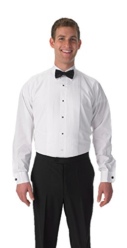 Premium Mens Tuxedo Long Sleeve Shirt Laydown Collar, with Bonus Black Bow Tie - XL 34/35