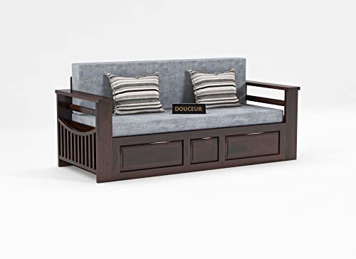Image of Douceur Furnitures Solid Sheesham Wooden Sofa Cum Bed Queen Size with Storage for Living Room | Wooden Foldable 3 Seater Sofa Cum Bed with Headboard Folding Double Bed for Home Bedroom (Walnut)