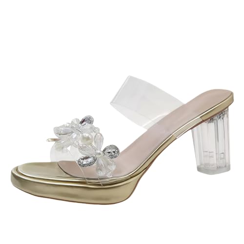 FQLGJMY Sandalias de tacón claro de las mujeres con arco perla strass decoración cuadrado pie abierto bloque bajo grueso deslizamiento en vestido sandalias para boda de fiesta