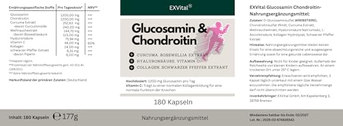 Glucosamin Chondroitin hochdosiert - 1200 mg pro Tag- mit Curcuma, Weihrauch, Hyaluronsäure, Vitamin C, Collagen & Piperin -180 Kapseln, laborgeprüft