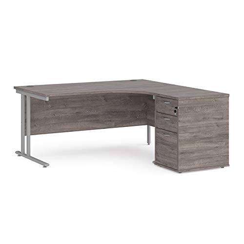 Mr Office Maestro 25 right hand ergonomic desk with silver cantilever frame and desk high pedestal bundle, Grey oak, 1600