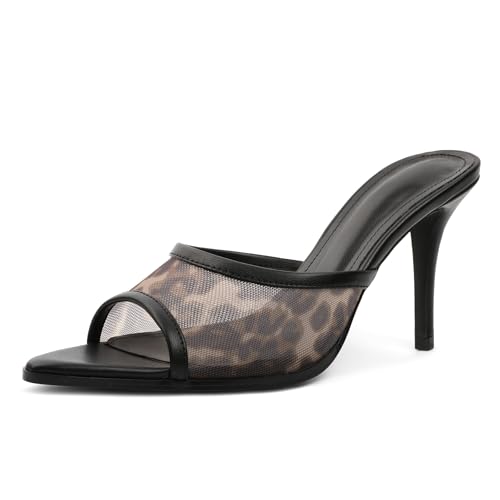 Eldof Women's Heeled Sandals Mules Open Toe Mesh Stiletto Heels Slip On Dress 3.5 Inches