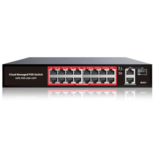 PoE Switch 16 Port Managed POE+ Ethernet Switch(16 POE+ Ports+2 Gigabit Uplink 1 x 1.25G SFP) 240W Built-in Power Support VLAN QoS Fanless Metal Plug & Play(Wall Mount/Rack Mount)