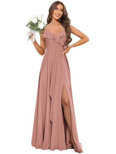 HHSIyz Spaghetti Straps Chiffon Bridesmaid Dresses for Women with Slit Ruffles Long Formal Evening Party Gown