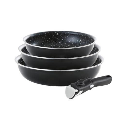 QDESIGN - Juego de 3 sartenes de aluminio antiadherente, sin PFOA, con asa extraíble, para todo tipo de fuegos, incluida inducción, apto para lavavajillas y nevera, color negro, apilables 20/24/28 cm