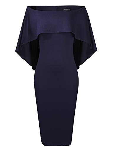 Womens Off The Shoulder Dress Formal Summer Bodycon Cape Dress Midi Navy Blue