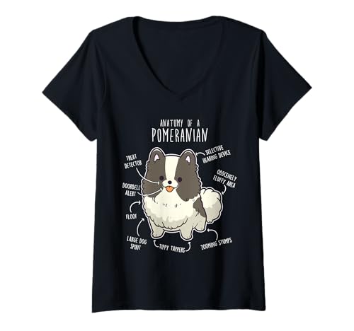 Womens Parti Pomeranian Anatomy, Funny Cute Black White Pet Pom Mom V-Neck T-Shirt
