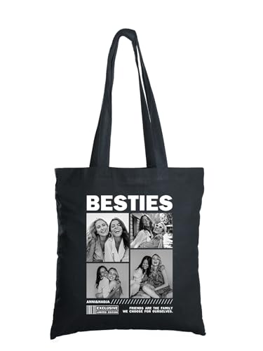 Herz & Heim® Personalisierter Stoffbeutel mit Fotos & Wunschtext – Magazin-Cover-Design – Schwarze Baumwolltasche mit Text & Bildern – Geschenk mit eigenen Fotos & Text