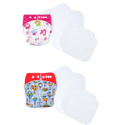 Image of Ambaby Cloth Diapers Combo Pack Quick Dry Comfort Gots Certified Free Size Button Adjustable, Washable, Reusable, Multilayered Cotton Pads And Boosters, Animals Pink And Parachute Printed - Pack Of 2