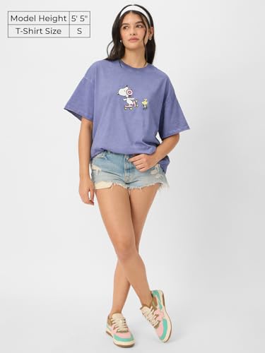 Image of The Souled Store Peanuts: Snoopy Women and Girls Short Sleeves Round Neck Blue Graphic Printed Cotton Oversized T-Shirts