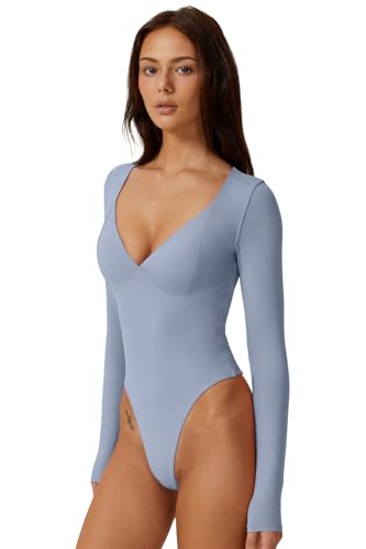 Image of QINSEN Women's Long Sleeve Bodysuit V Neck Body Suits Seamed Cup Going Out Tops Shirt