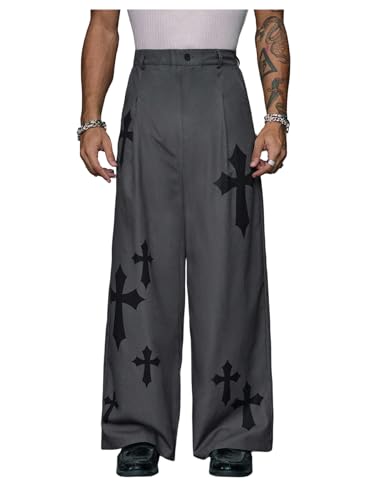 Verdusa Men's Cross Print Wide Leg Dress Pants Streetwear Baggy Trousers with Pockets